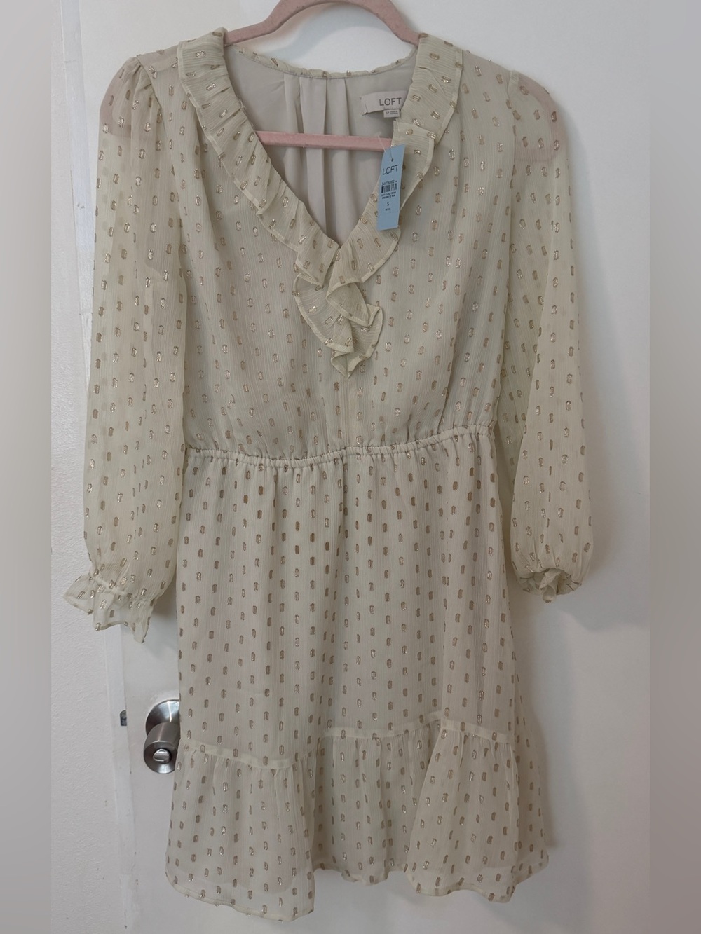 LOFT Cream Ruffle V-Neck Dress with Metallic Gold Dots